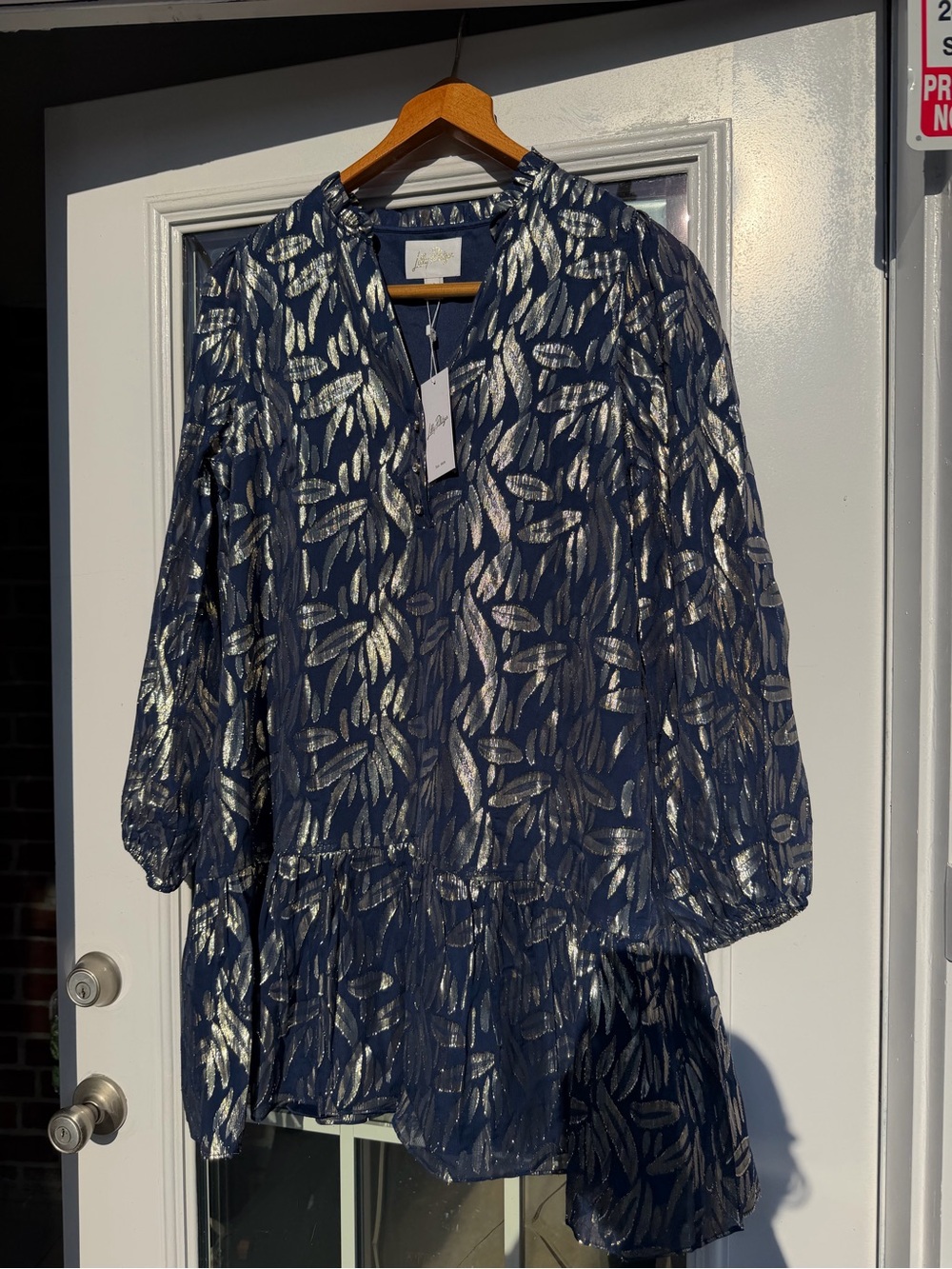 Lilly Pulitzer Silk Navy Metallic Leaf Dress